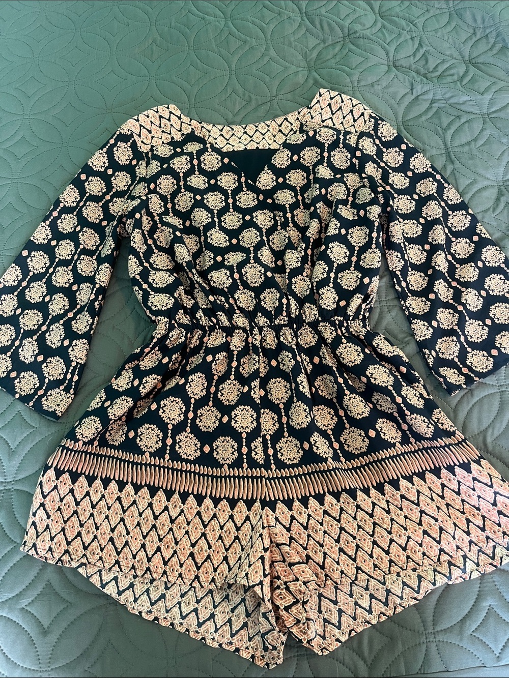 Navy & Cream Printed Wide Sleeved Romper Wrap Look